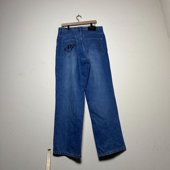 Sean John Logo Denim Jeans Pants Baggy Fit Wide Leg Men 38x33 Blue Y2k Street - Picture 1 of 15